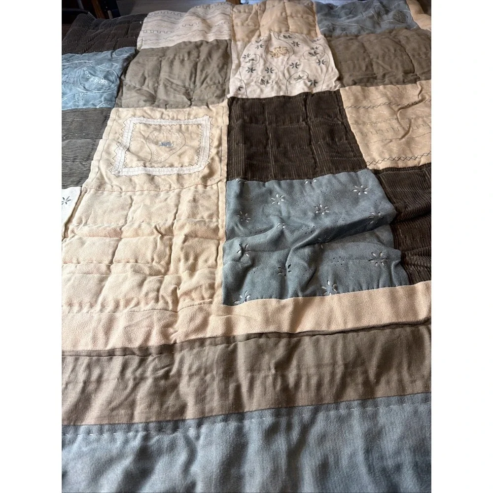 Home Collection Embroidered Quilt Only Patchwork Plaid Brown Tan Blue Full Queen